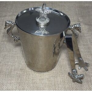 Pier 1 Starfish Ice Bucket Seahorse Stainless Steel Lid Ice Tongs Coastal Decor